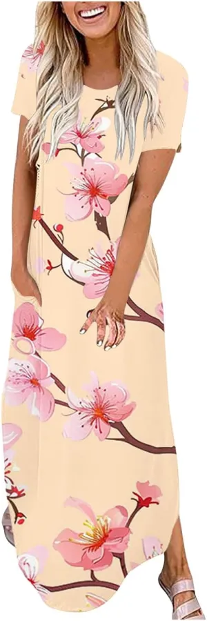 Maxi Dresses for Women 2025 Short Sleeve Casual Boho Floral T-Shirt Dress Flowy Beach Sundress with Pockets