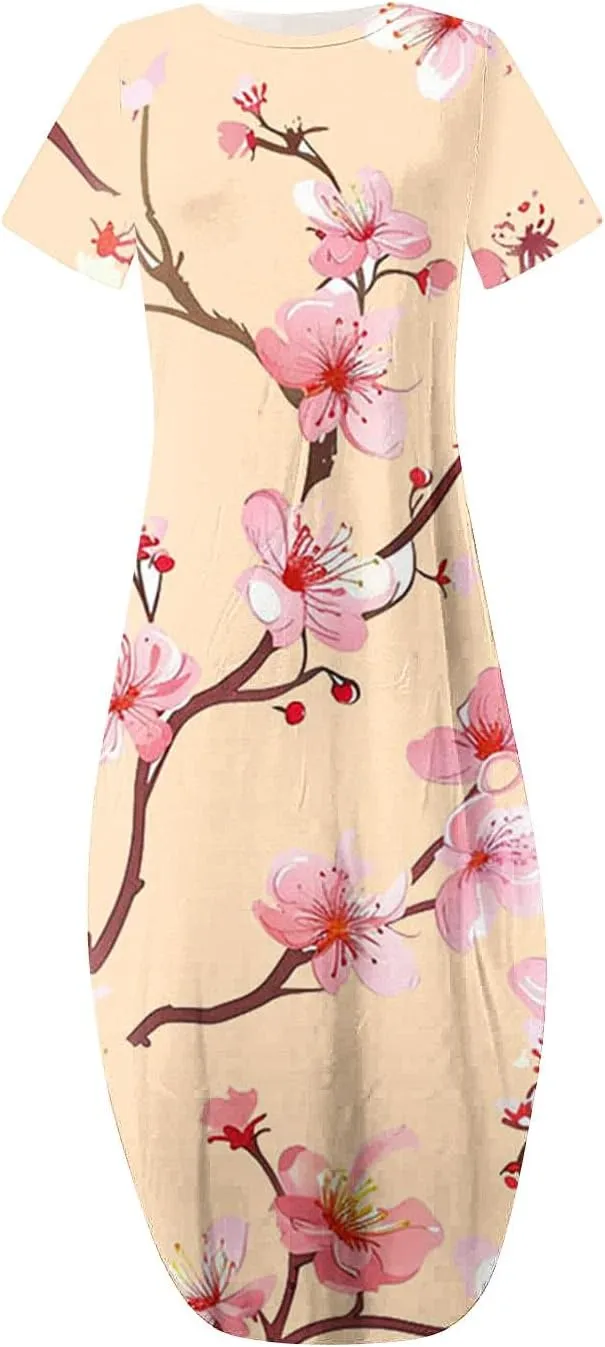 Maxi Dresses for Women 2025 Short Sleeve Casual Boho Floral T-Shirt Dress Flowy Beach Sundress with Pockets