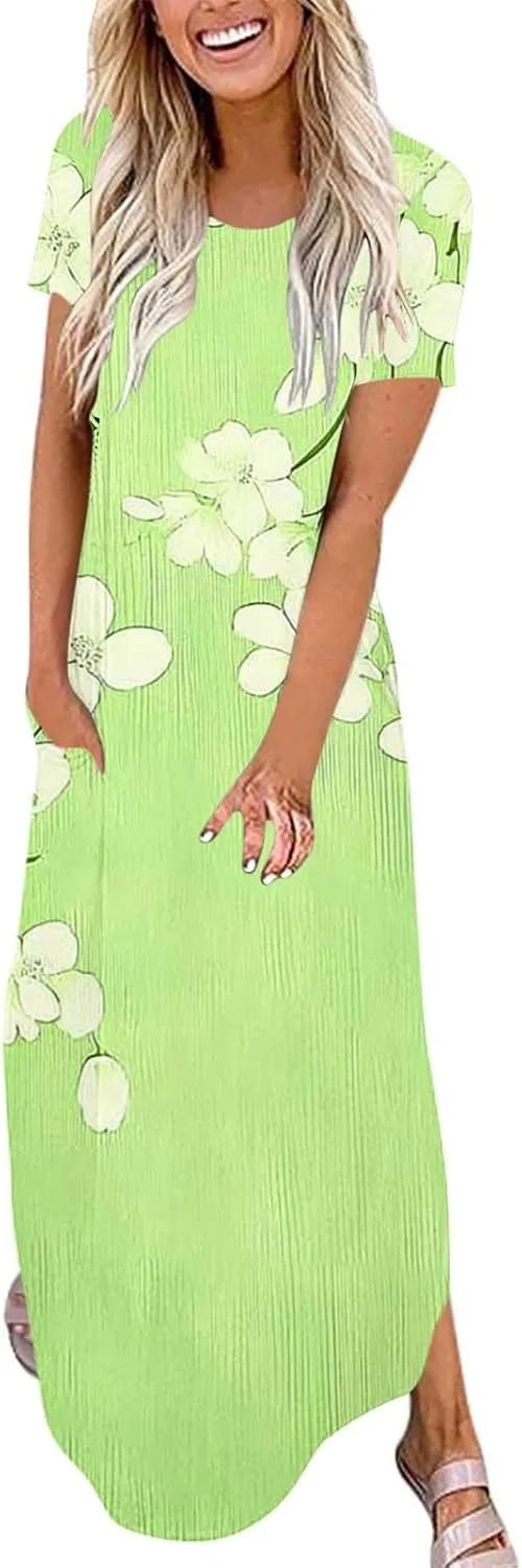 Maxi Dresses for Women 2025 Short Sleeve Casual Boho Floral T-Shirt Dress Flowy Beach Sundress with Pockets