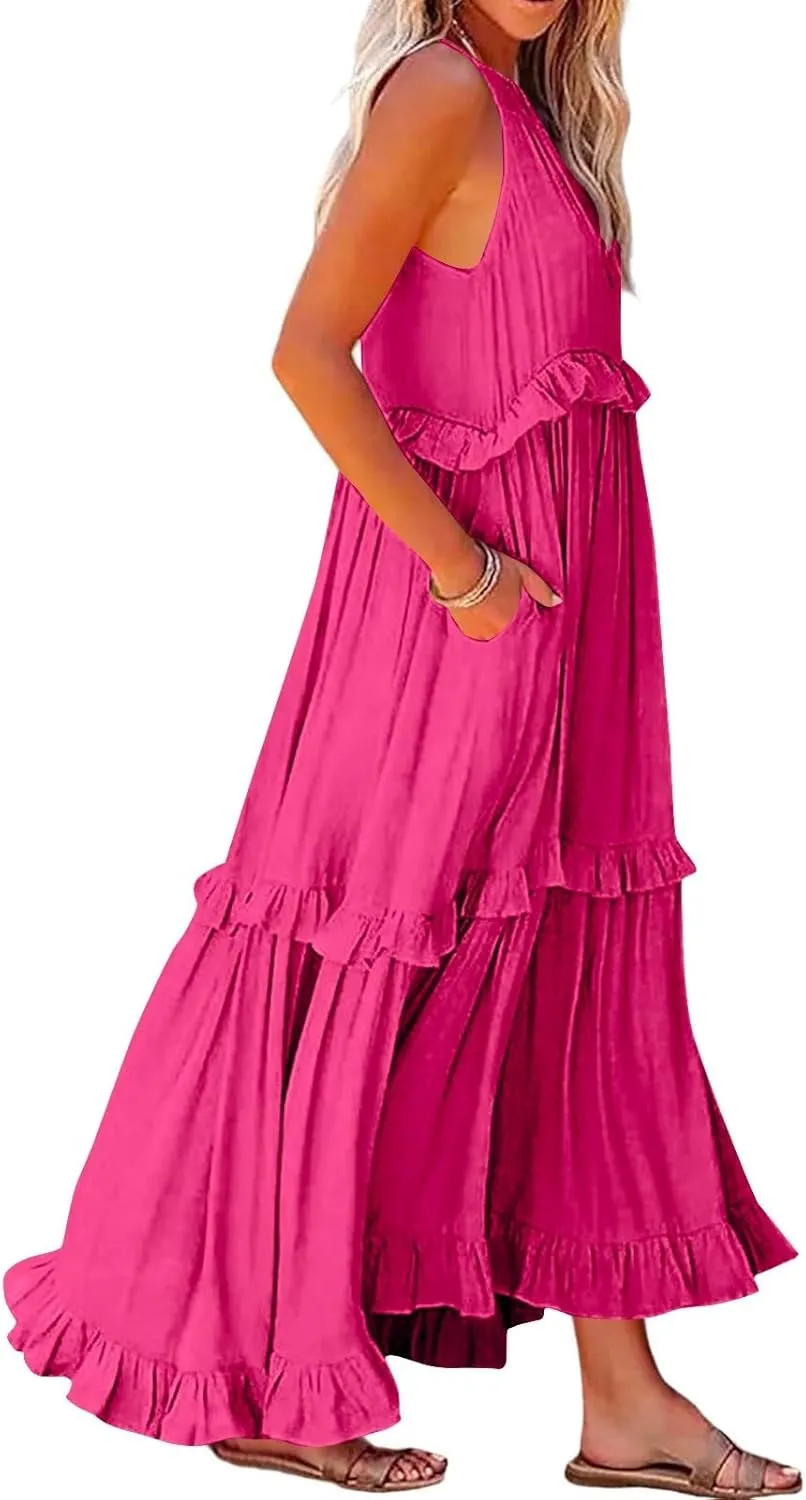 Maxi Dresses for Women 2025 Summer Sleeveless Halter Neck Tea Party Flowy Vacation Tiered Loose Long Dress