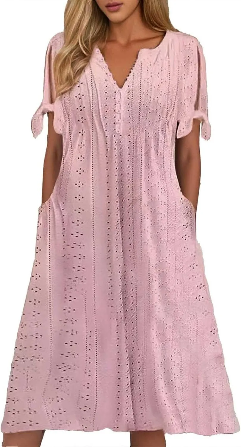 Maxi Long Dress for Women 2025 Summer Short Sleeve Eyelet Tshirt Dress Casual Boho Flowy Beach Vacation Sundress