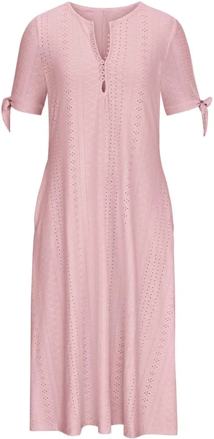 Maxi Long Dress for Women 2025 Summer Short Sleeve Eyelet Tshirt Dress Casual Boho Flowy Beach Vacation Sundress