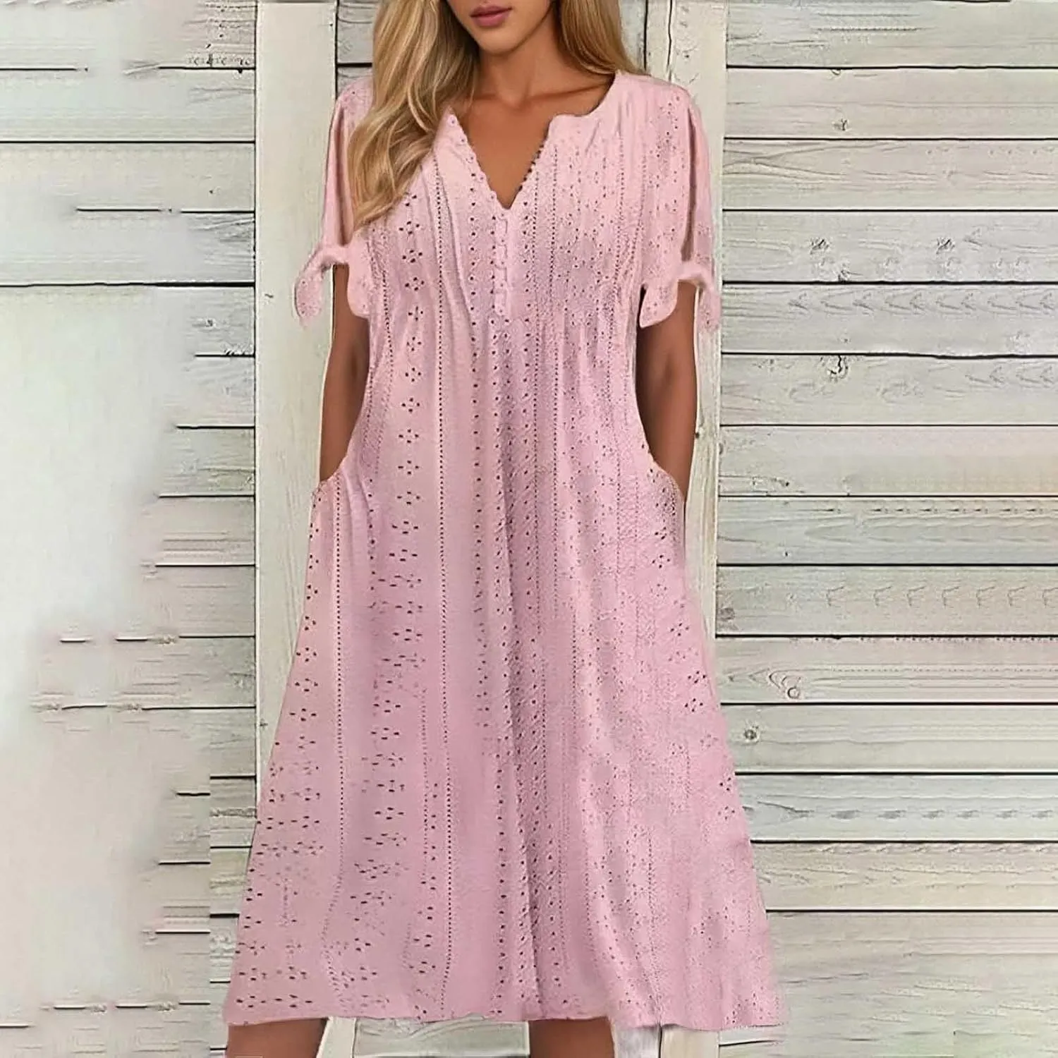 Maxi Long Dress for Women 2025 Summer Short Sleeve Eyelet Tshirt Dress Casual Boho Flowy Beach Vacation Sundress