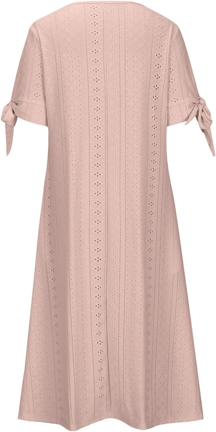 Maxi Long Dresses for Women 2025 Trendy Short Sleeve Eyelet Tshirt Dress Casual Summer Beach Vacation Sundress