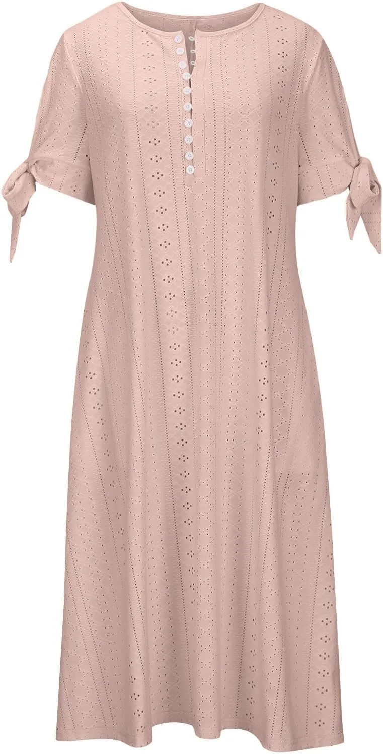 Maxi Long Dresses for Women 2025 Trendy Short Sleeve Eyelet Tshirt Dress Casual Summer Beach Vacation Sundress