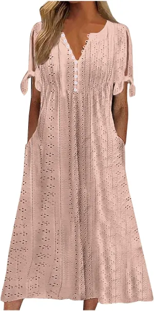 Maxi Long Dresses for Women 2025 Trendy Short Sleeve Eyelet Tshirt Dress Casual Summer Beach Vacation Sundress