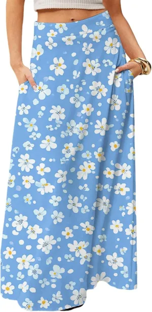 Maxi Skirts for Women Summer Boho Beach Elastic High Waist Pleated A-Line Flowy Swing Long Skirts