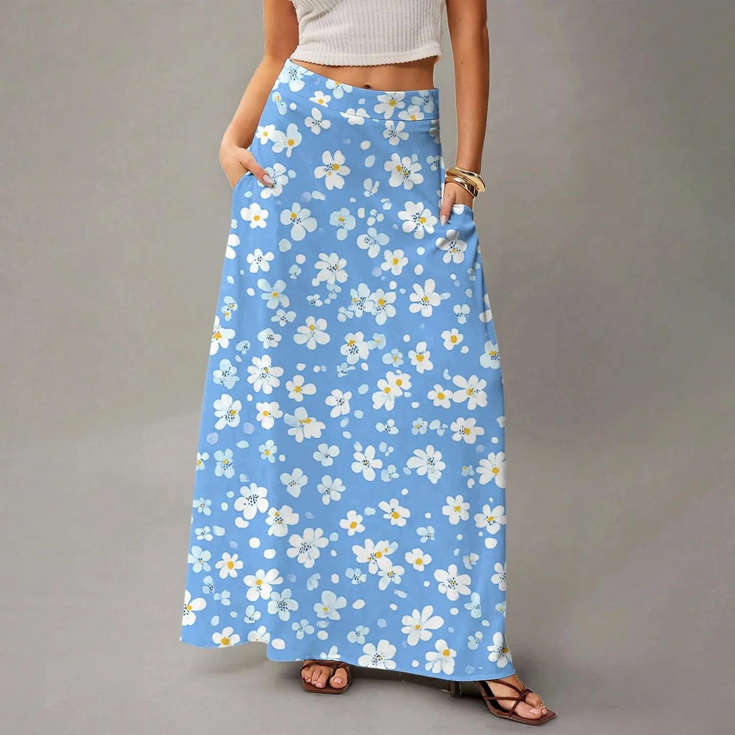 Maxi Skirts for Women Summer Boho Beach Elastic High Waist Pleated A-Line Flowy Swing Long Skirts