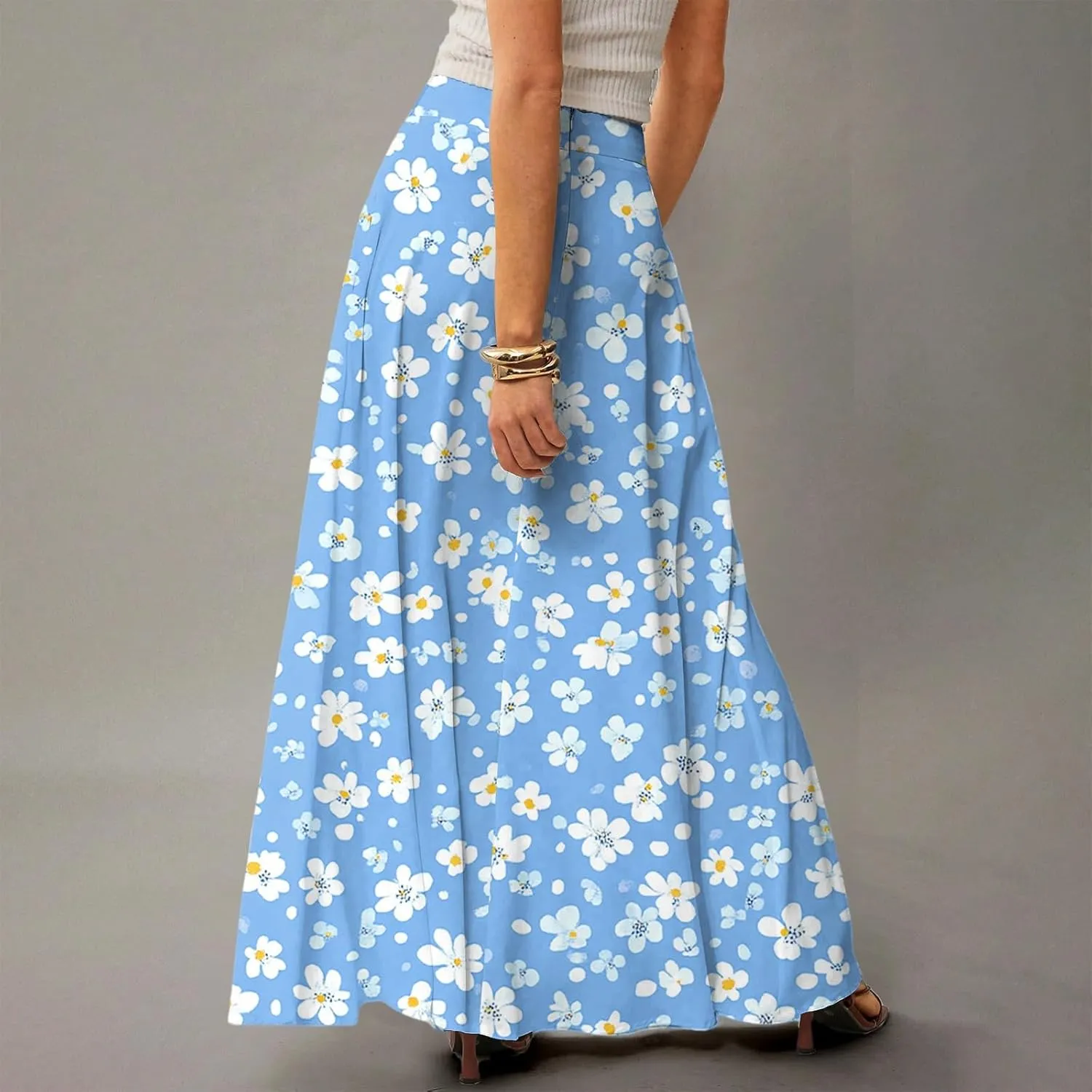 Maxi Skirts for Women Summer Boho Beach Elastic High Waist Pleated A-Line Flowy Swing Long Skirts