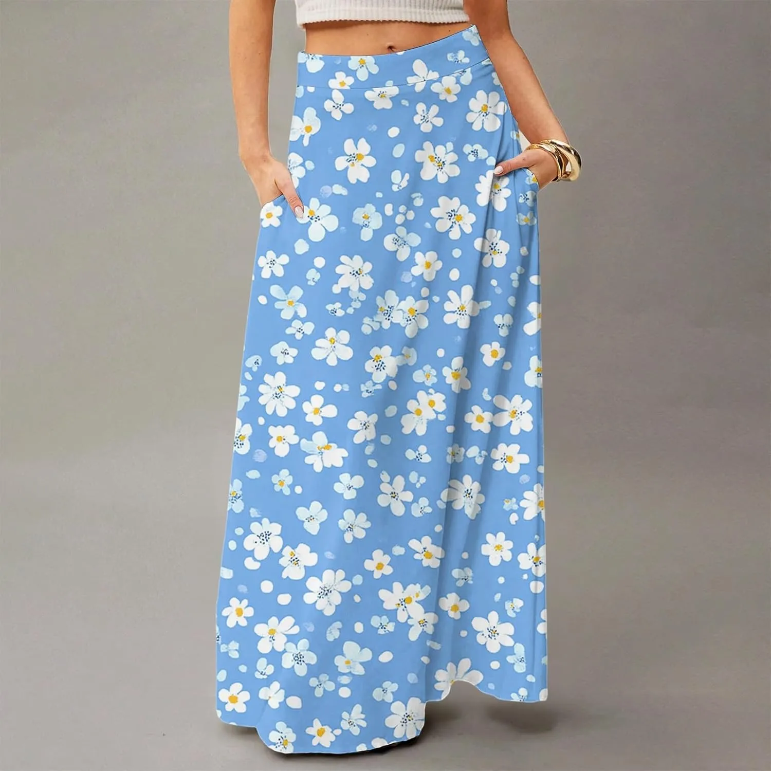 Maxi Skirts for Women Summer Boho Beach Elastic High Waist Pleated A-Line Flowy Swing Long Skirts