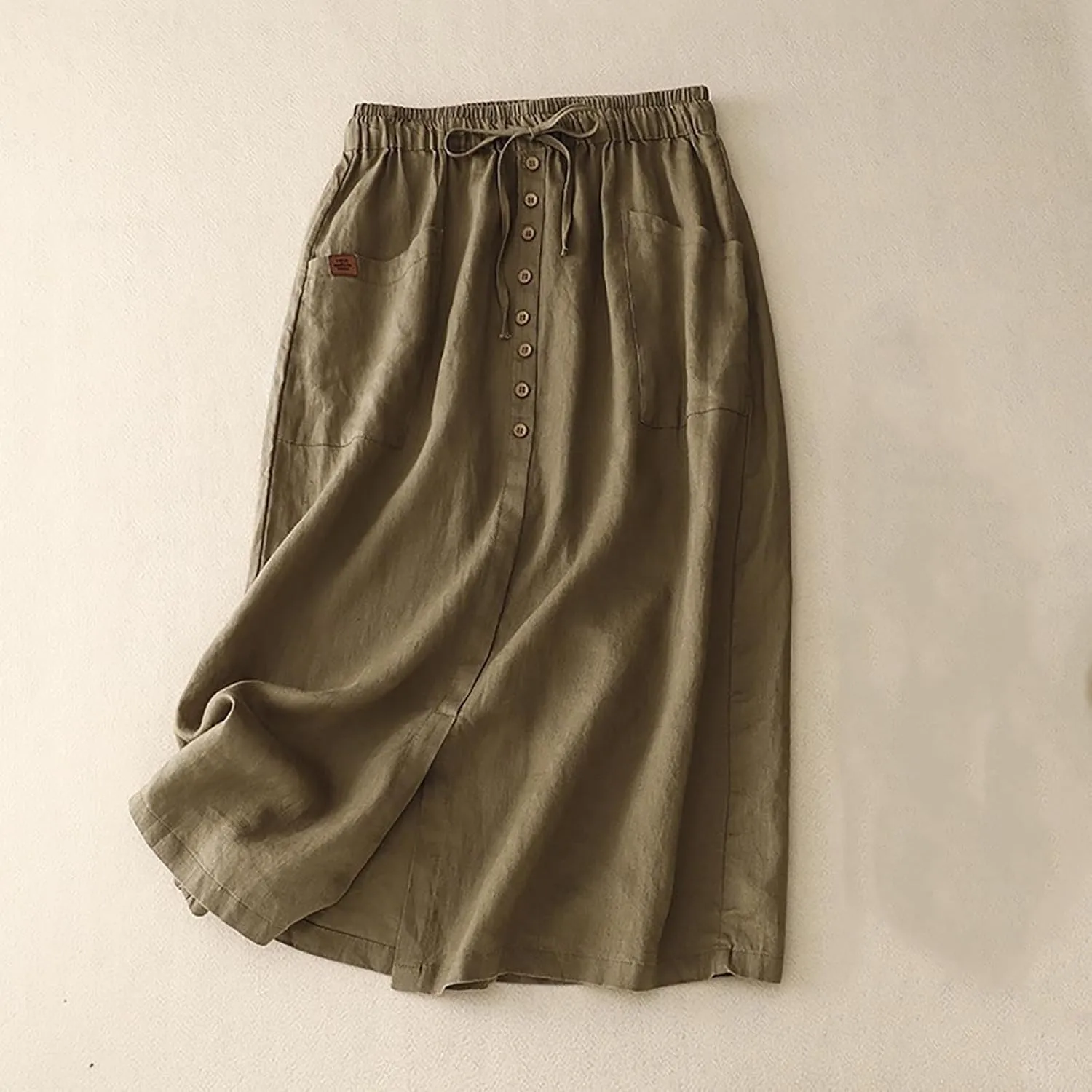 Maxi Skirts for Women Summer Drawstring High Elastic Waist Pleated A Line Skorts Solid Holiday Cotton Linen Skirt
