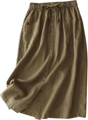Maxi Skirts for Women Summer Drawstring High Elastic Waist Pleated A Line Skorts Solid Holiday Cotton Linen Skirt