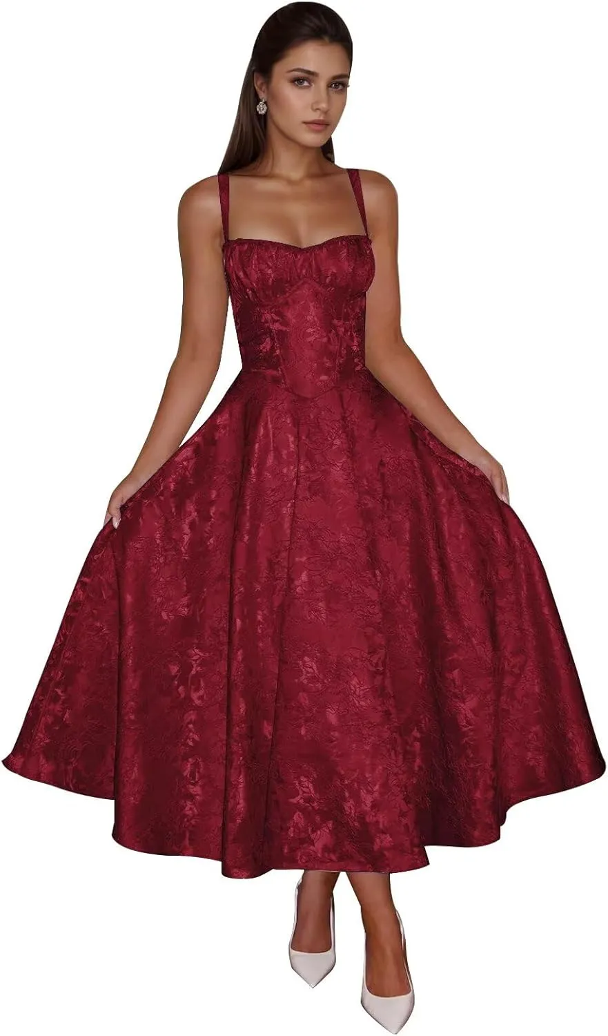 Maxianever Jacquard Satin Midi Dresses for Women 2025 Sweetheart A-Line Prom Cocktail Gown