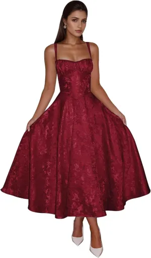 Maxianever Jacquard Satin Midi Dresses for Women 2025 Sweetheart A-Line Prom Cocktail Gown