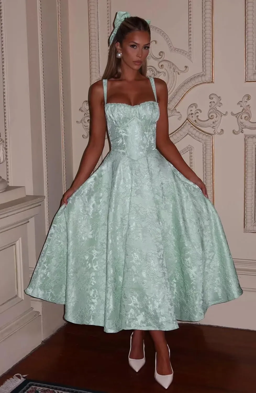 Maxianever Jacquard Satin Midi Dresses for Women 2025 Sweetheart A-Line Prom Cocktail Gown