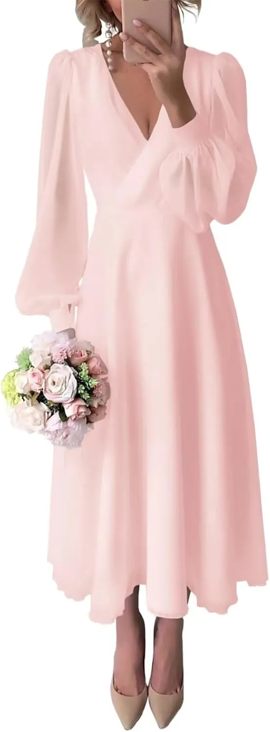Maxianever Long Sleeve Bridesmaid Dresses 2025 Tea Length Chiffon Wedding Guest Dress for Women