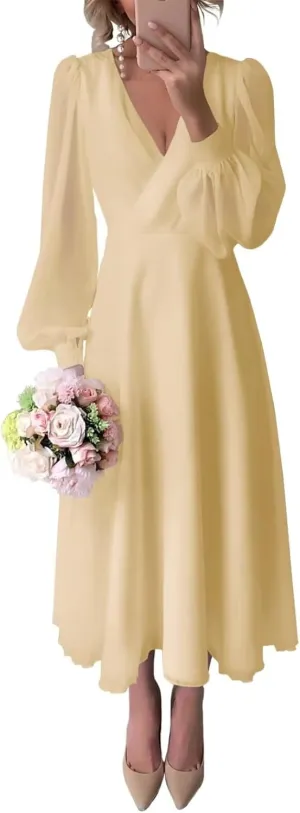 Maxianever Long Sleeve Bridesmaid Dresses 2025 Tea Length Chiffon Wedding Guest Dress for Women