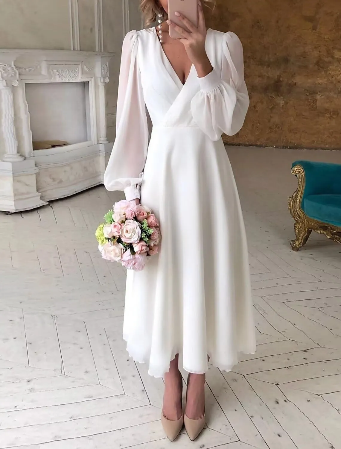Maxianever Long Sleeve Bridesmaid Dresses 2025 Tea Length Chiffon Wedding Guest Dress for Women