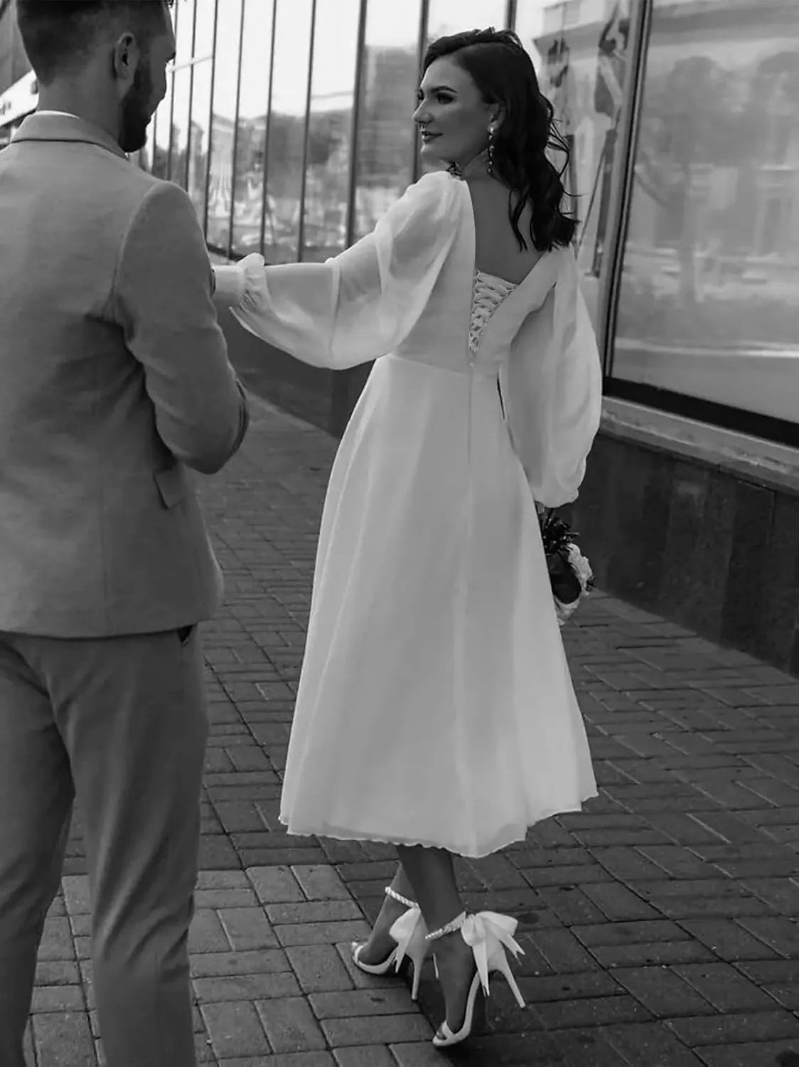 Maxianever Long Sleeve Bridesmaid Dresses 2025 Tea Length Chiffon Wedding Guest Dress for Women