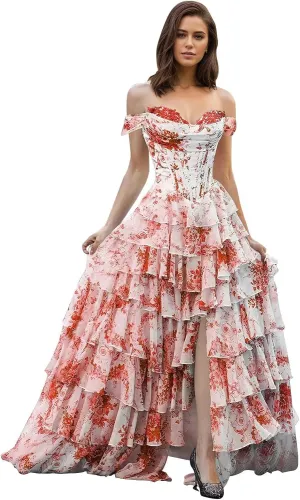 Maxianever Tiered Floral Print Prom Dresses for Women 2025 Chiffon Off Shoulder Long Evening Pageant Dress