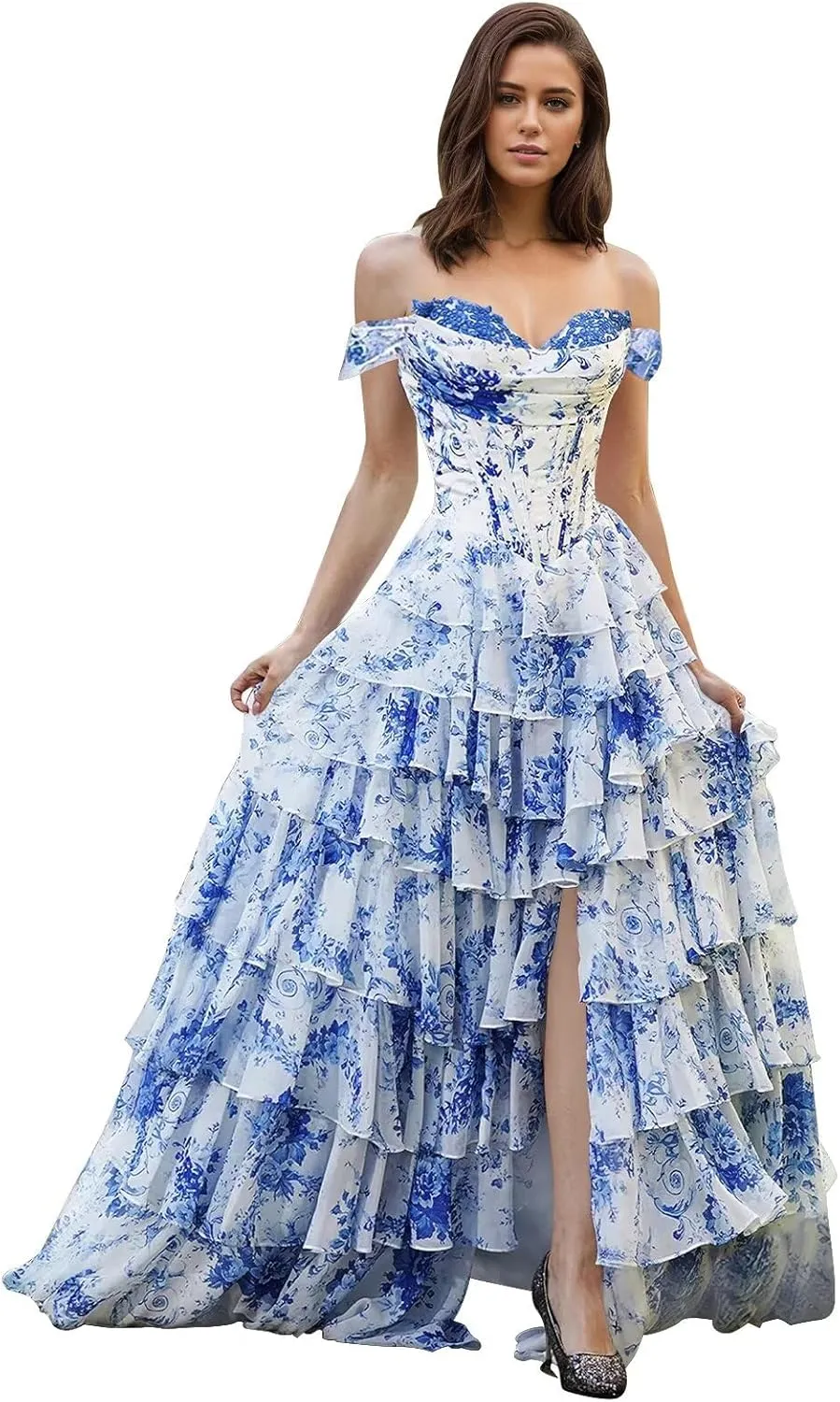 Maxianever Tiered Floral Print Prom Dresses for Women 2025 Chiffon Off Shoulder Long Evening Pageant Dress