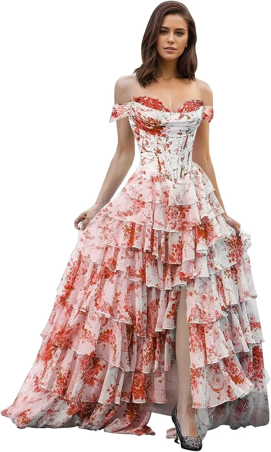 Maxianever Tiered Floral Print Prom Dresses for Women 2025 Chiffon Off Shoulder Long Evening Pageant Dress