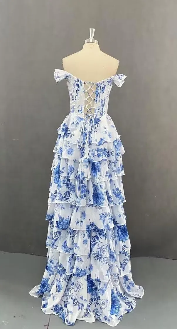 Maxianever Tiered Floral Print Prom Dresses for Women 2025 Chiffon Off Shoulder Long Evening Pageant Dress