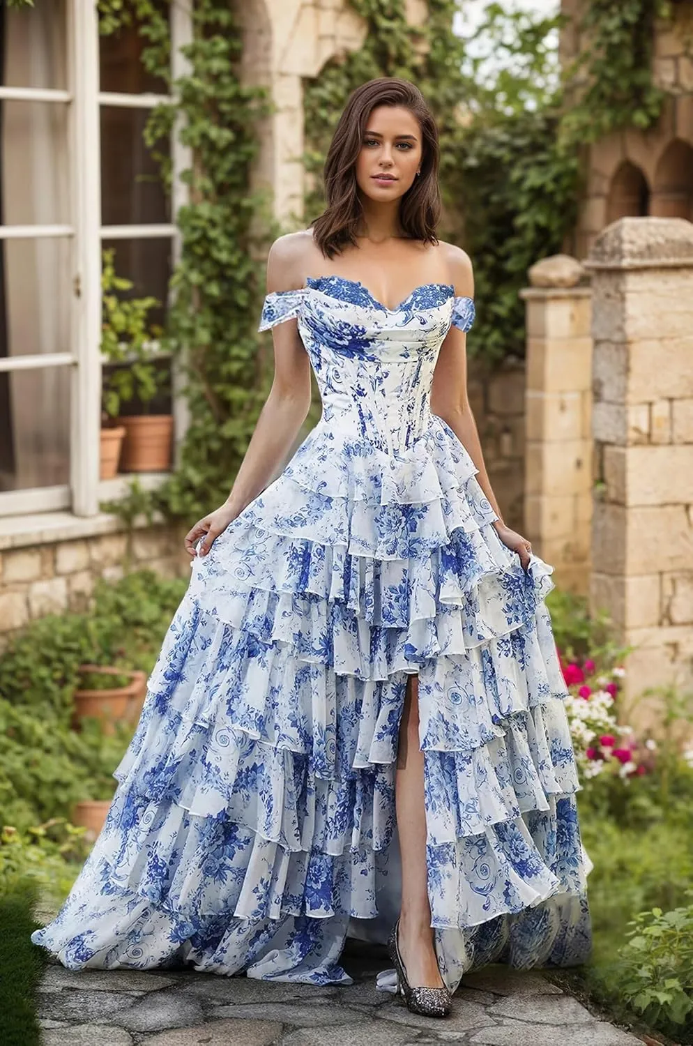 Maxianever Tiered Floral Print Prom Dresses for Women 2025 Chiffon Off Shoulder Long Evening Pageant Dress