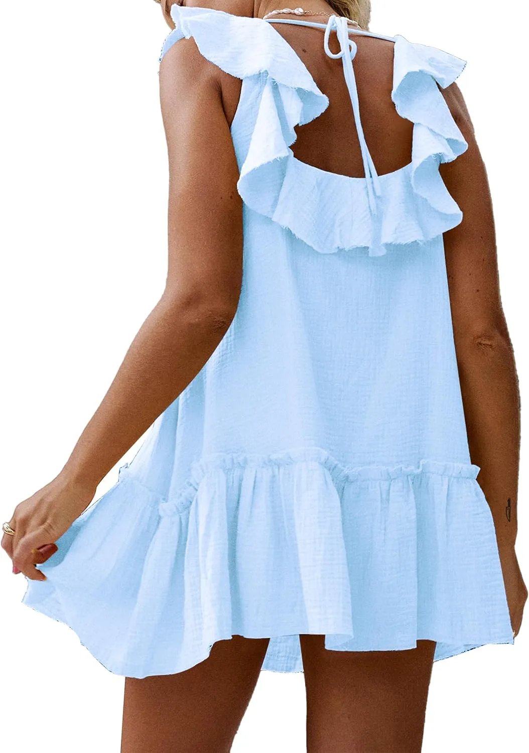 Meladyan Women's Ruffle Babydoll Mini Dress Summer Sleeveless Swing Flowy Loose Short Beach Sundress