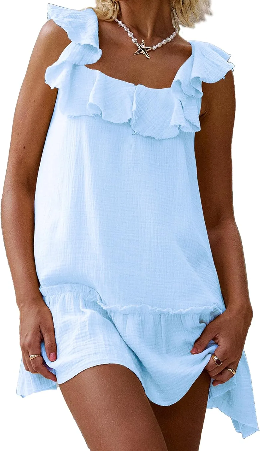 Meladyan Women's Ruffle Babydoll Mini Dress Summer Sleeveless Swing Flowy Loose Short Beach Sundress