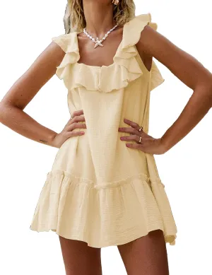 Meladyan Women's Ruffle Babydoll Mini Dress Summer Sleeveless Swing Flowy Loose Short Beach Sundress