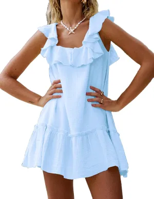 Meladyan Women's Ruffle Babydoll Mini Dress Summer Sleeveless Swing Flowy Loose Short Beach Sundress