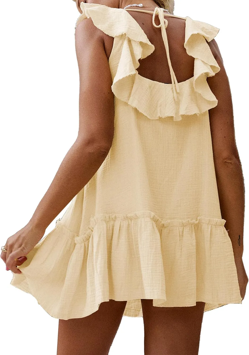 Meladyan Women's Ruffle Babydoll Mini Dress Summer Sleeveless Swing Flowy Loose Short Beach Sundress