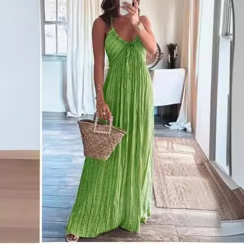 Melliflo Sexy Sleeveless Halter Dresses for Women V Neck Tie Back Maxi Dress Summer Backless Long Ruffle Sundress