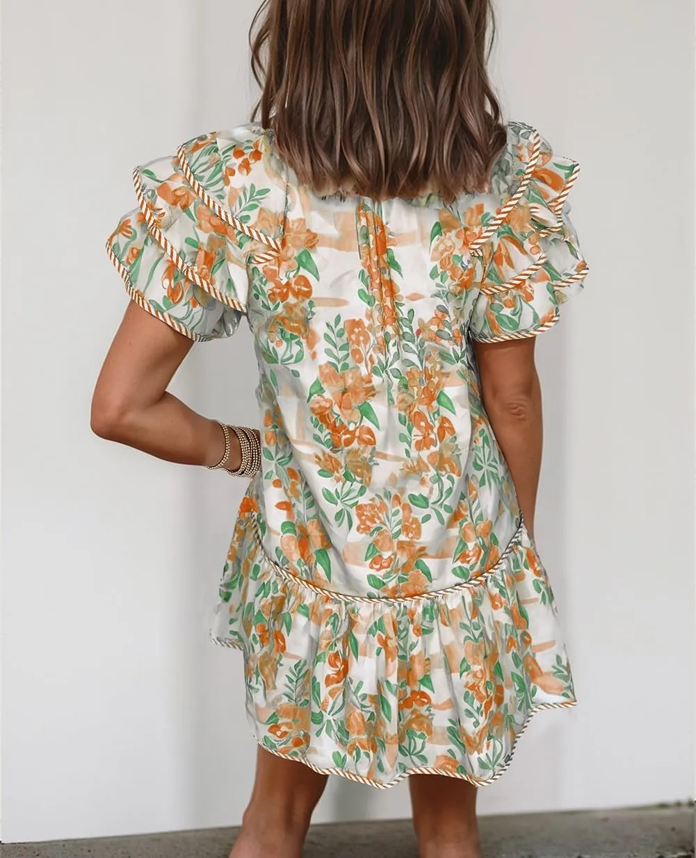 Melliflo Women's Boho Floral Stripe Contrast Edge Layered Short Sleeve Summer Mini Dresses Ruffle Casual Babydoll Dresses