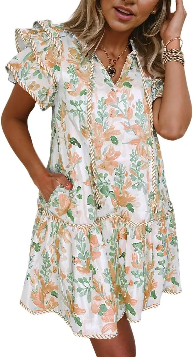 Melliflo Women's Boho Floral Stripe Contrast Edge Layered Short Sleeve Summer Mini Dresses Ruffle Casual Babydoll Dresses