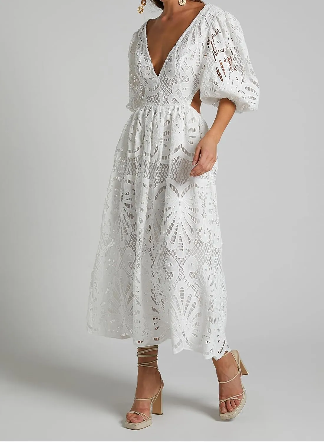 Melliflo Womens Summer Hollow Out Maxi Dress V Neck Puff Sleeve Cut Out Waist Long Dress Casual Beach Boho Sundress