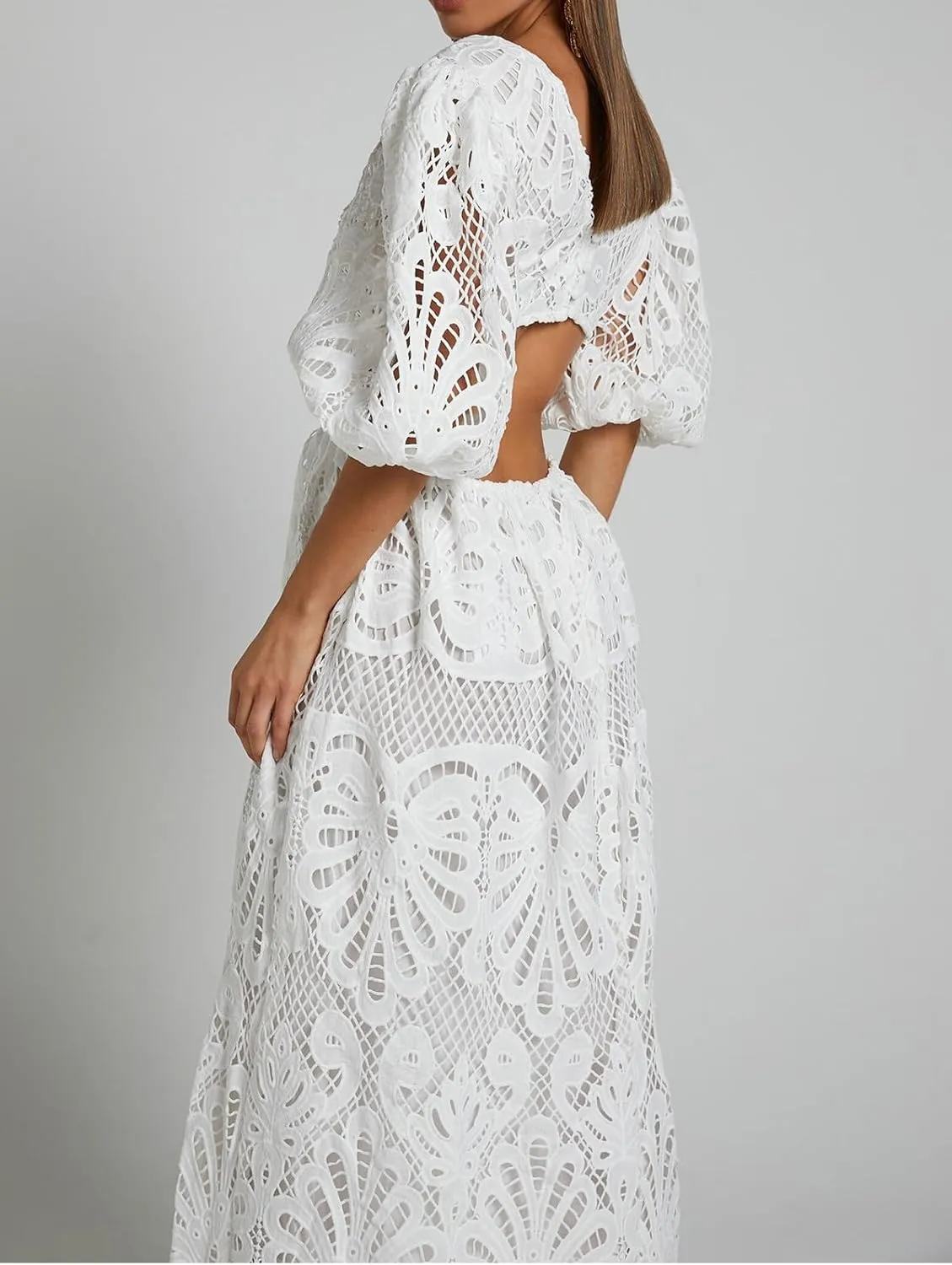 Melliflo Womens Summer Hollow Out Maxi Dress V Neck Puff Sleeve Cut Out Waist Long Dress Casual Beach Boho Sundress