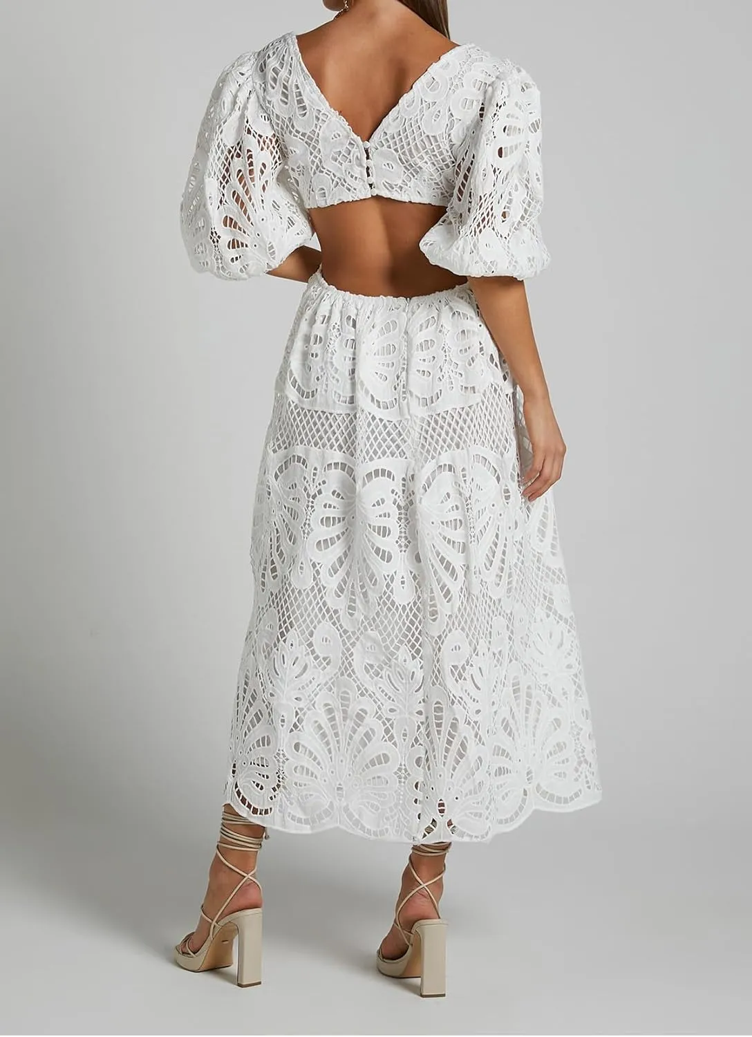 Melliflo Womens Summer Hollow Out Maxi Dress V Neck Puff Sleeve Cut Out Waist Long Dress Casual Beach Boho Sundress