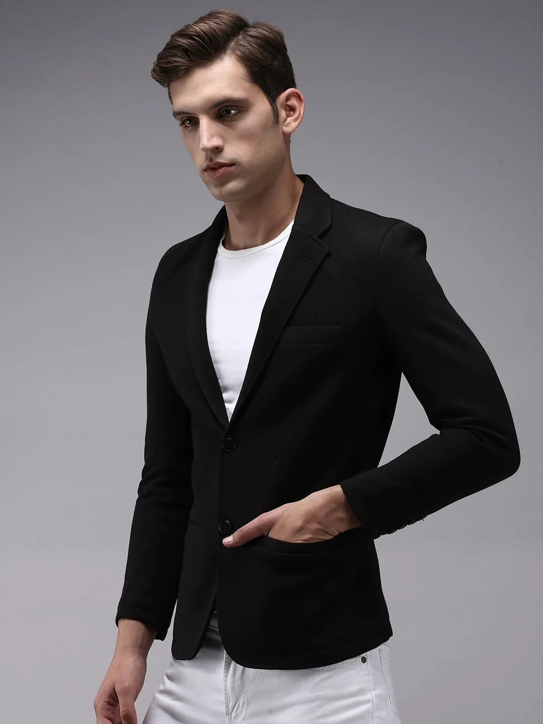 Men Black Solid Single Breasted Casual Blazers