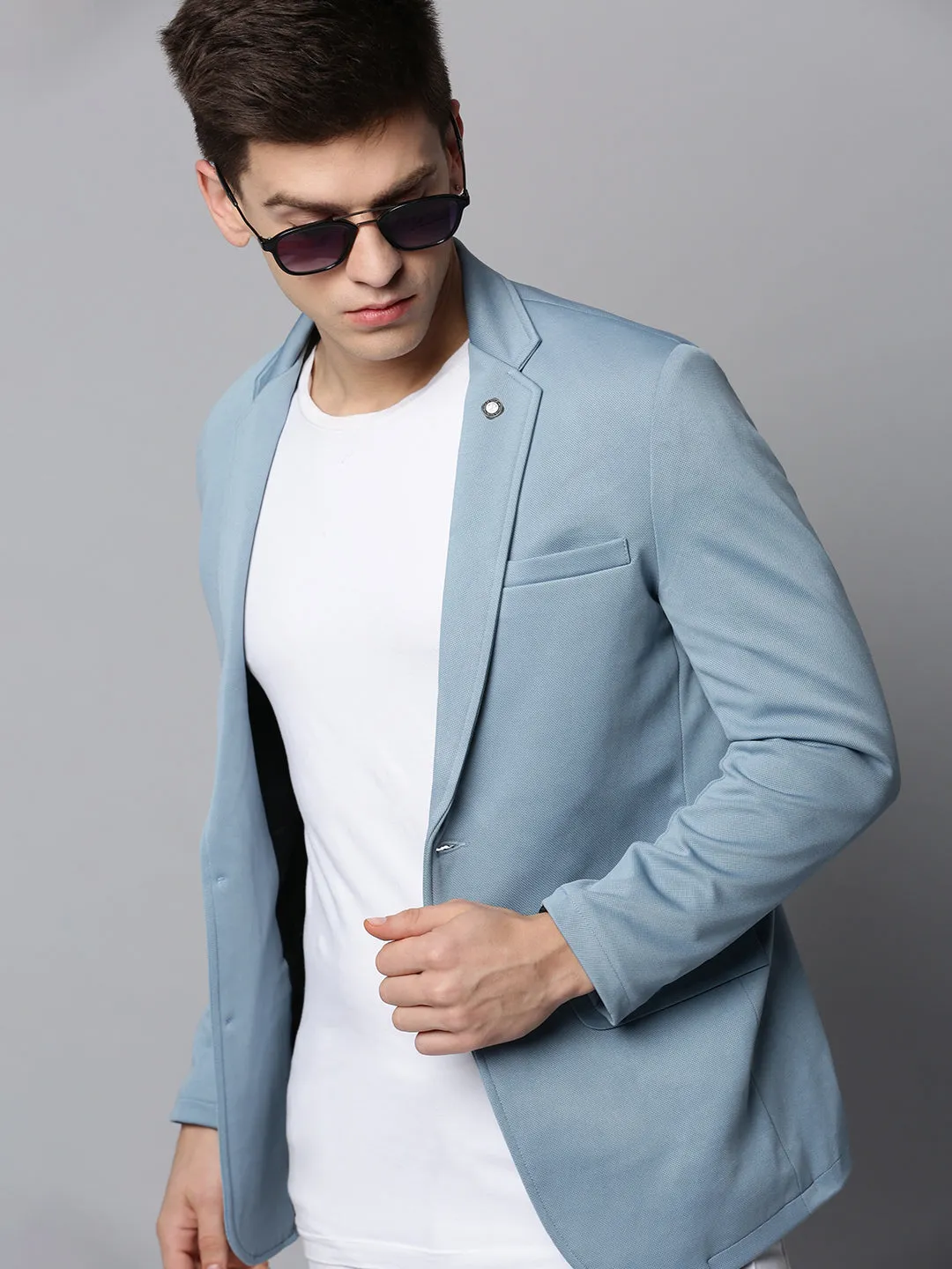 Men Blue Cotton Single-Breasted Blazers
