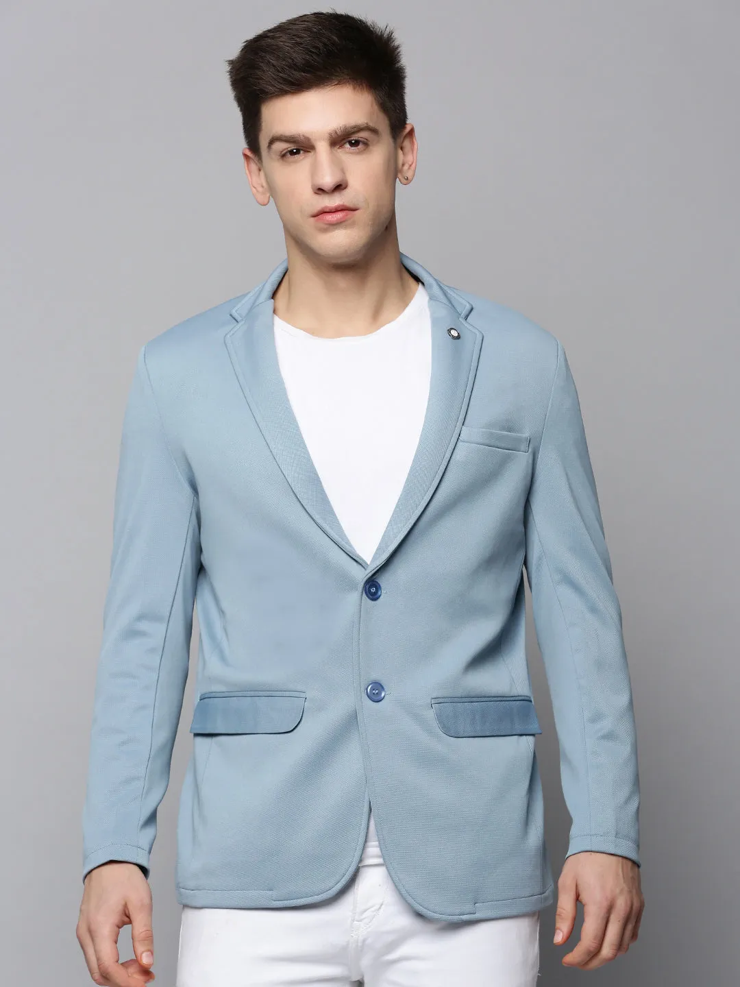 Men Blue Cotton Single-Breasted Blazers