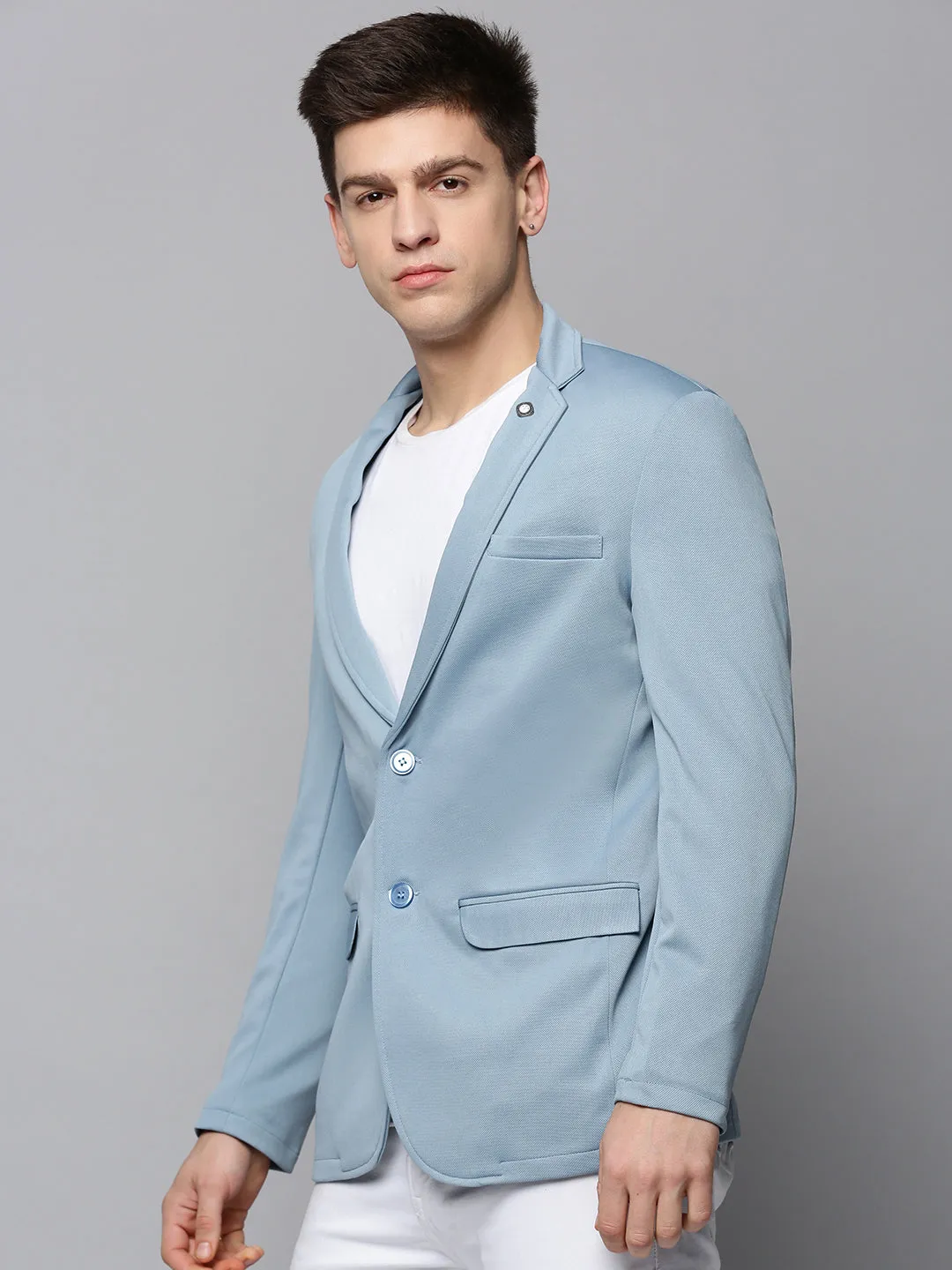 Men Blue Cotton Single-Breasted Blazers