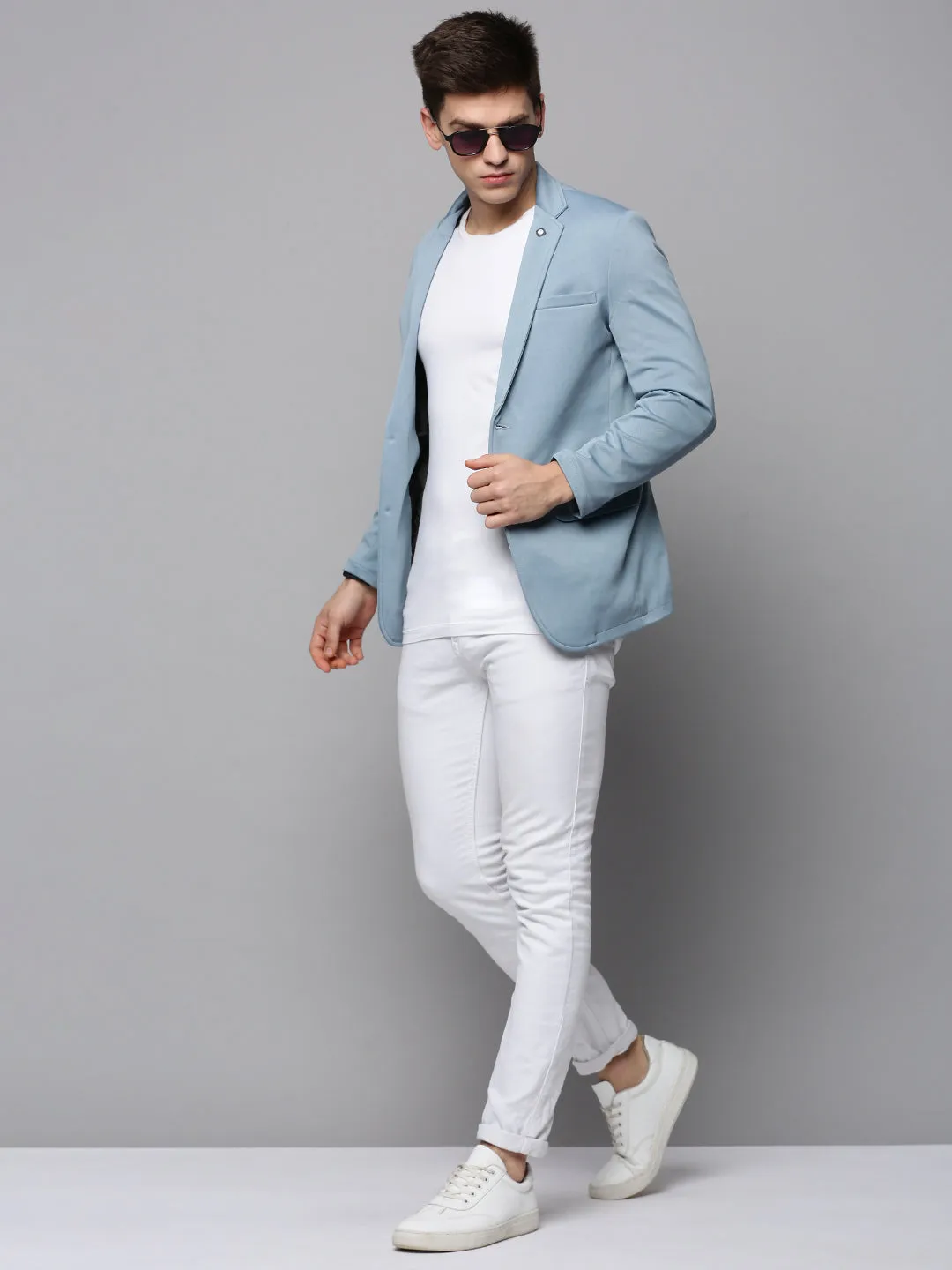 Men Blue Cotton Single-Breasted Blazers