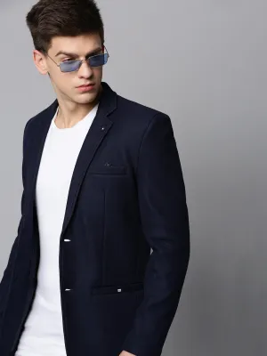 Men Navy Blue Single-Breasted Casual Blazers