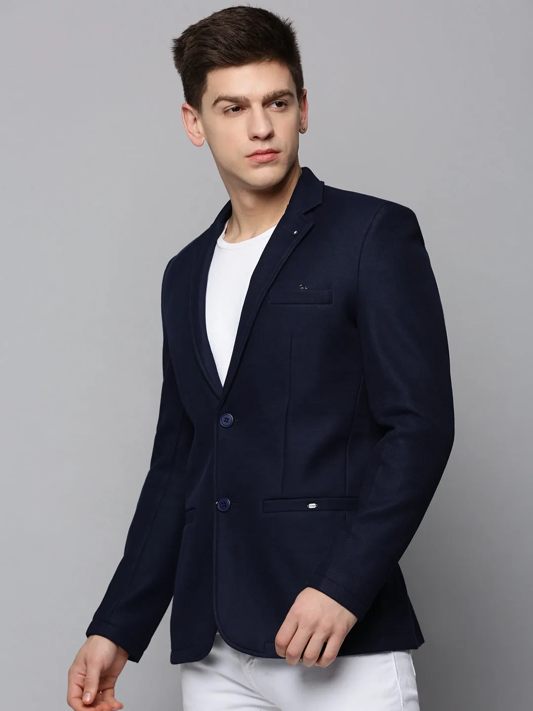 Men Navy Blue Single-Breasted Casual Blazers
