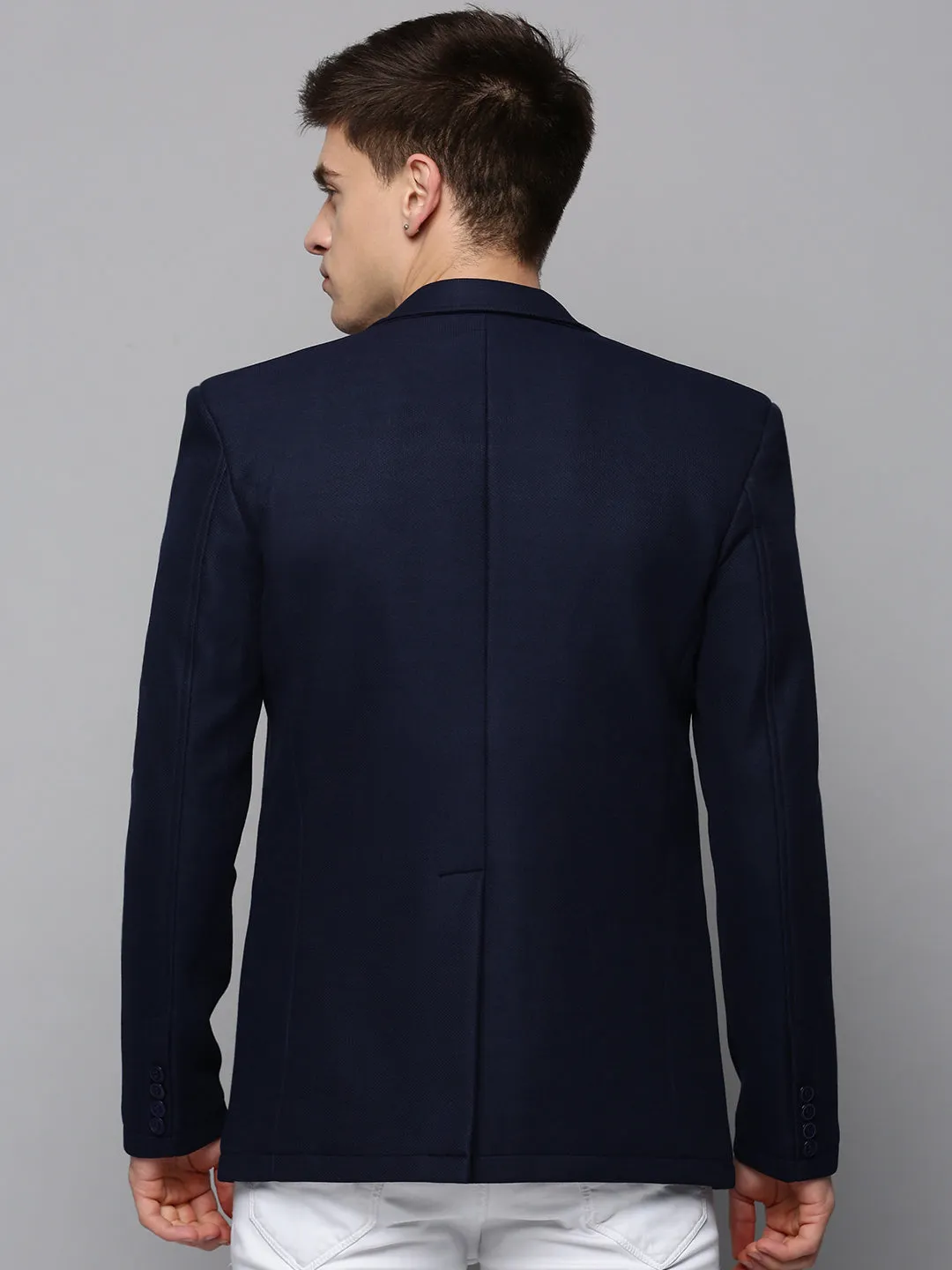 Men Navy Blue Single-Breasted Casual Blazers