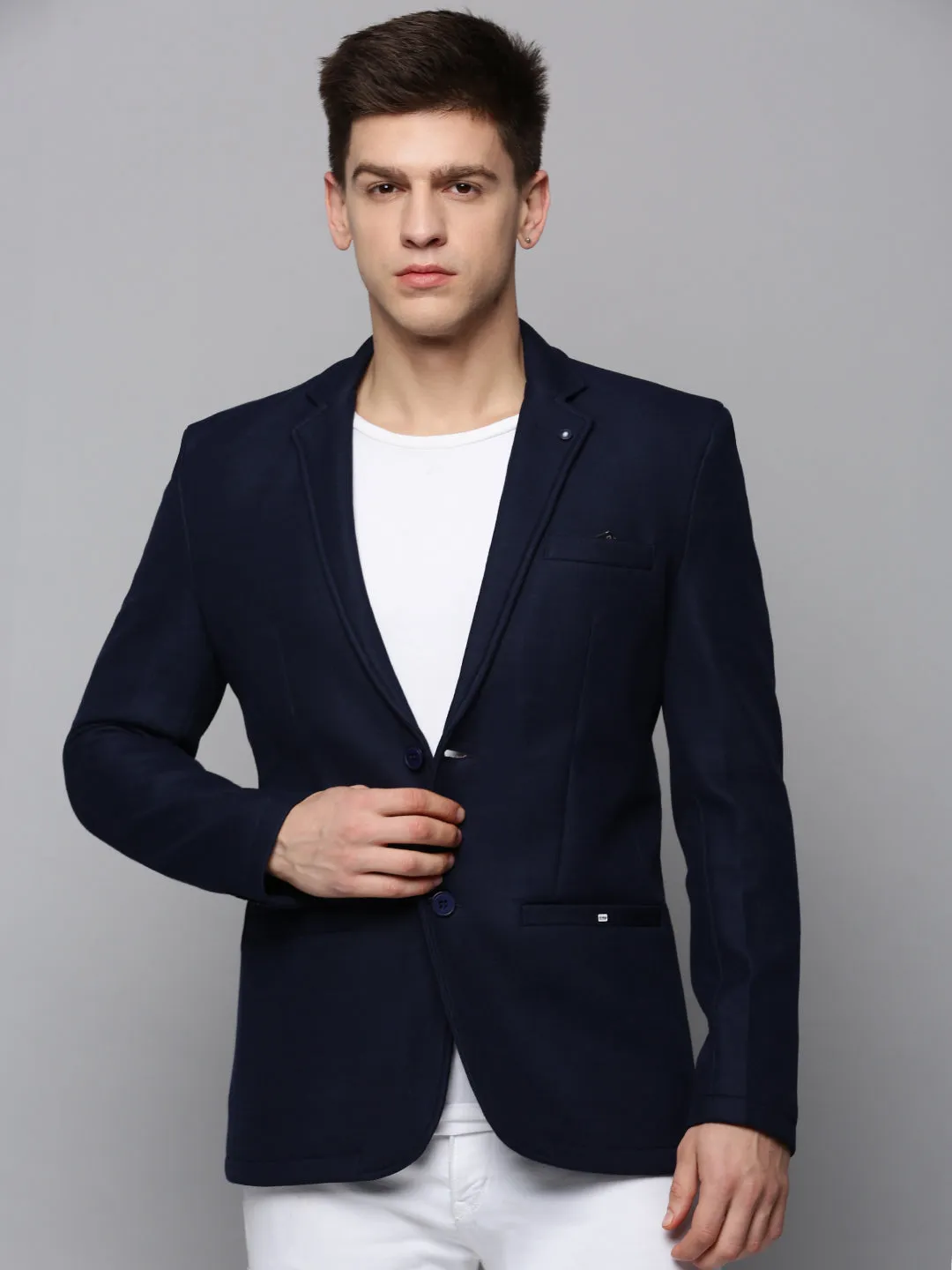 Men Navy Blue Single-Breasted Casual Blazers