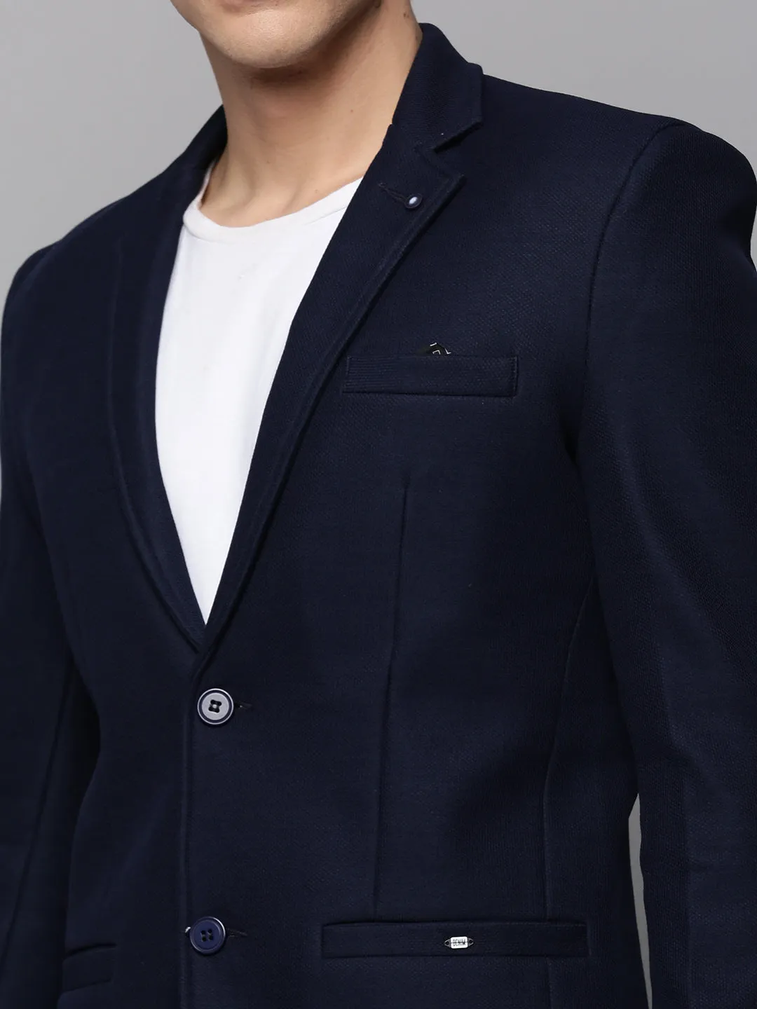 Men Navy Blue Single-Breasted Casual Blazers