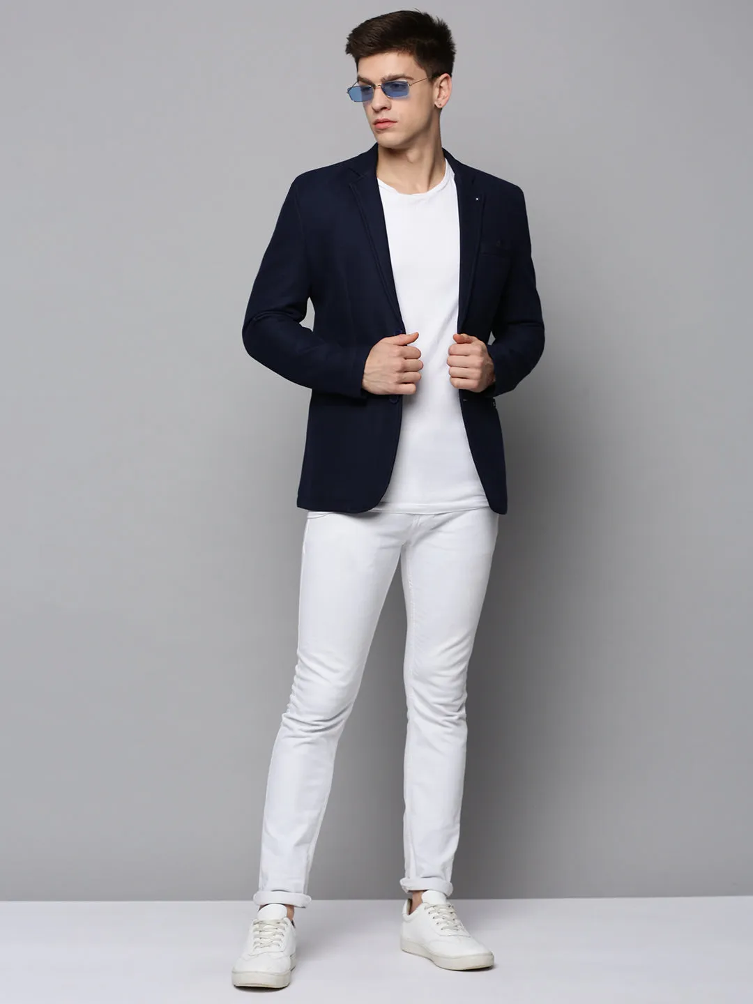 Men Navy Blue Single-Breasted Casual Blazers
